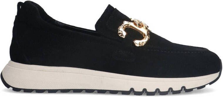 Manfield Dames Zwarts suède loafers met gouden chain