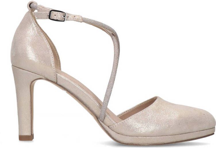 Manfield Dames Goudkleurige suède pumps met strass bandjes