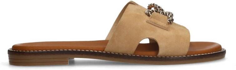 Manfield Dames Cognac suède slippers met chain