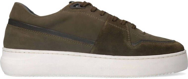 Manfield Heren Groene nubuck sneakers met suède details