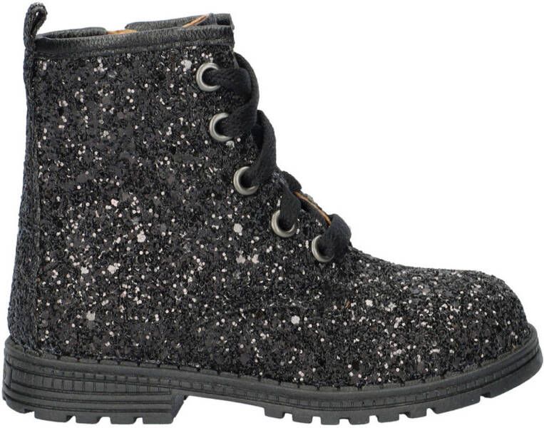 Nelson Kids leren veterboots met glitters zwart