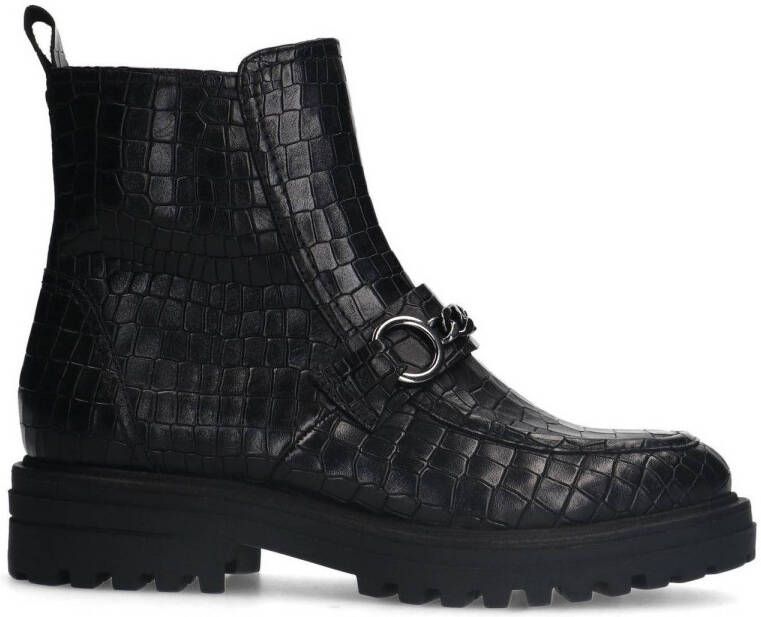 No Stress Dames Zwarte leren boots met crocoprint en chain