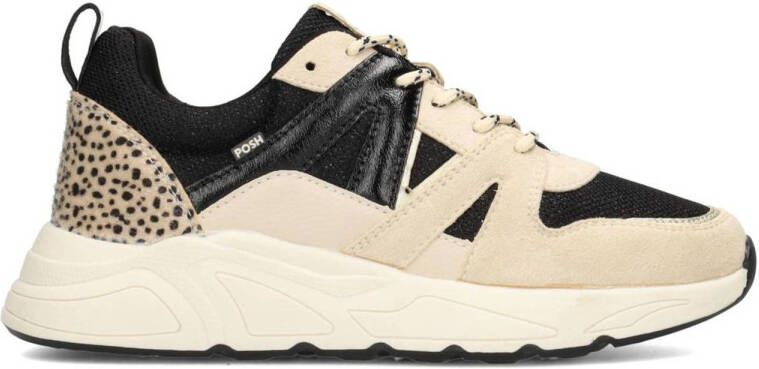 POSH by Poelman CAROCEL Dames Sneakers Zwart Met Beige Combinatie