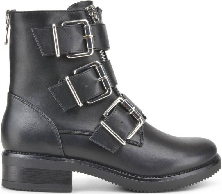 band Handvol Associëren PS Poelman Dames BASIM PU Imitatieleren Biker Enkel Laarzen Boots met Gespen  en Dubbellen Rits Zwart - Schoenen.nl