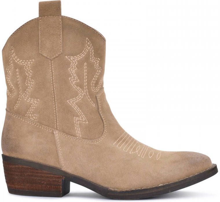 PS Poelman Bila Dames Leren Suéde Cowboy Western Enkellaarzen Bruin Beige Taupe