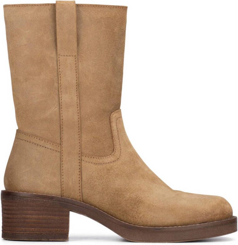 POELMAN suède enkellaarsjes cappuccino Beige Suede Enkellaars met hak Dames