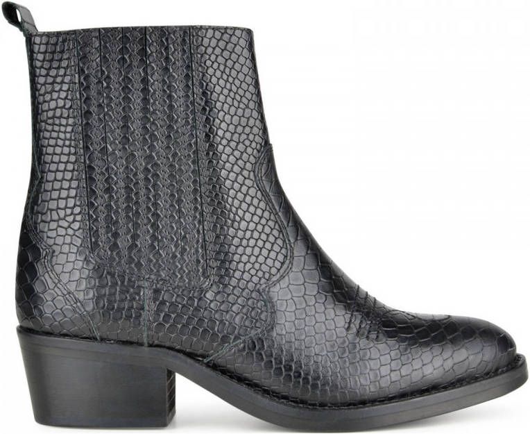 PS Poelman Leren Western Chelsea Cowboy Enkellaarzen met Snake Print Mustang Zwart Dames