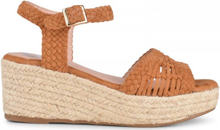 PS Poelman NANA Dames Faux PU Imitatie Suède Leren Sandalen met Espadrille Sleehak Zool en Gevlochten Bovenwerk Cognac Bruin