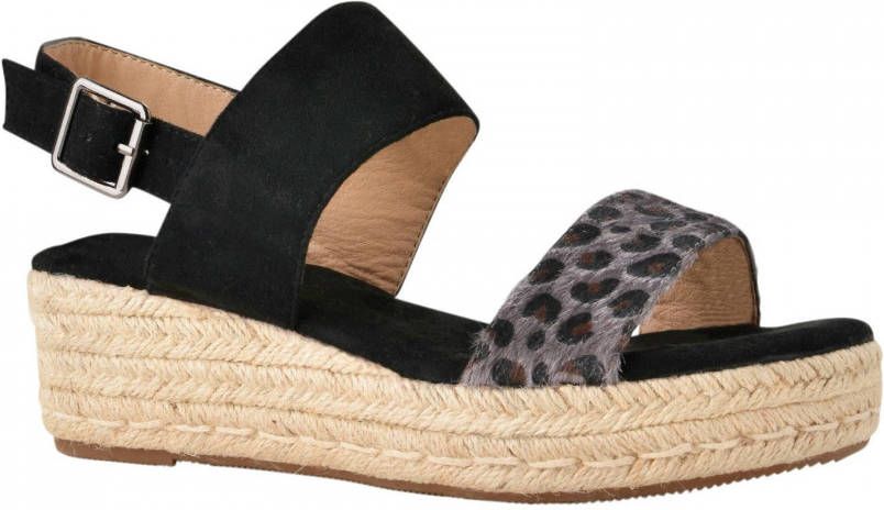 band breed Edelsteen PS Poelman Sandalen met Espadrille Zool Iris Zwart met Furry Luipaard Print  - Schoenen.nl