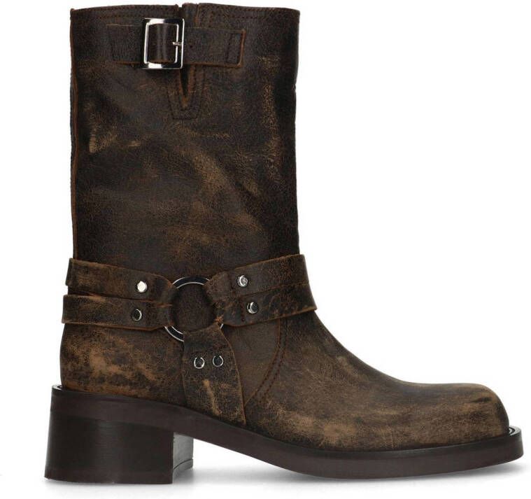 Sacha Dames Brownwashed biker enkelboots met zilverkleurige details