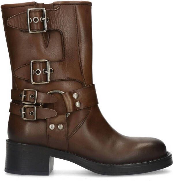 Sacha Dames Bruine multi buckle biker enkelboots