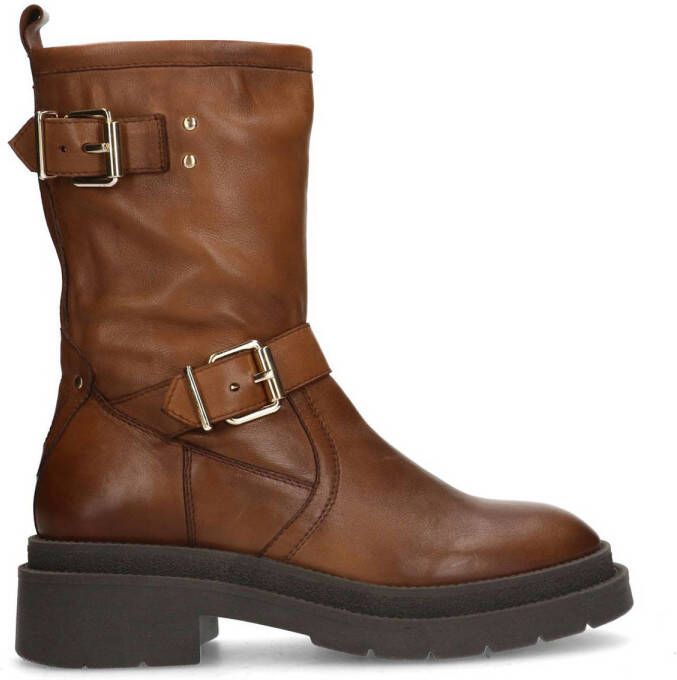 Sacha Dames Cognac leren biker boots met goudkleurige gespen