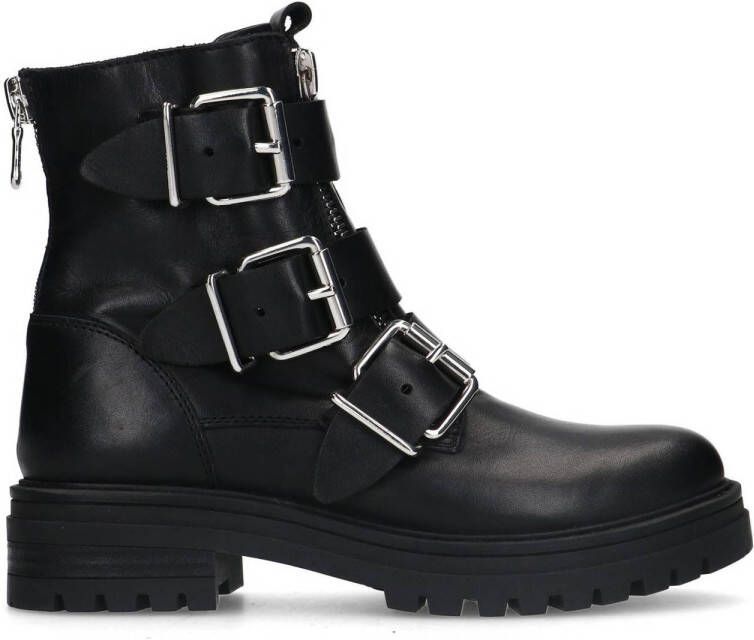 Sacha Dames Zwarte biker boots met zilverkleurige gespen