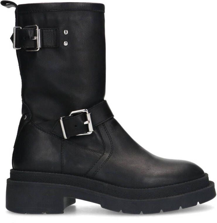 Sacha Dames Zwarte biker boots met zilverkleurige gespen