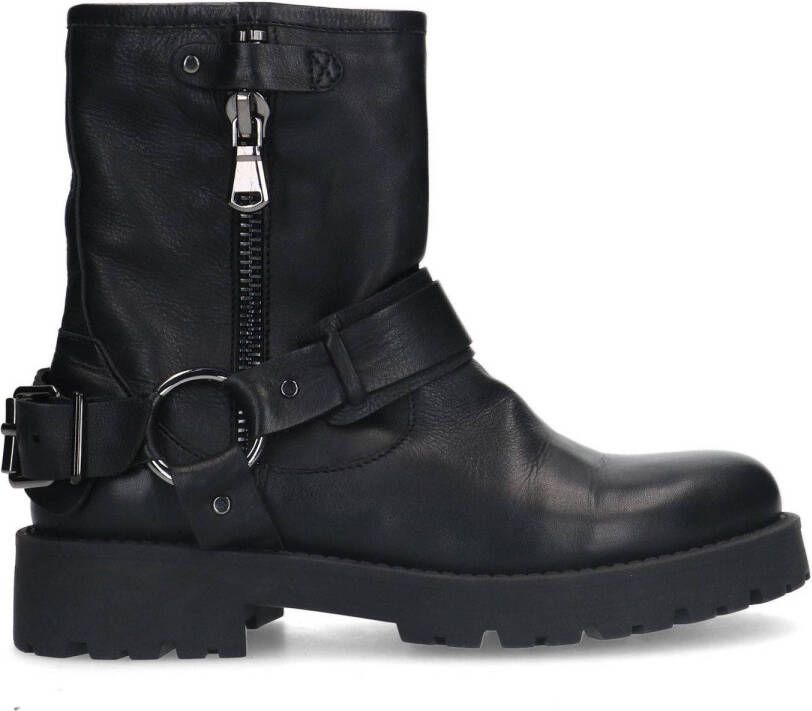 Sacha Dames Zwarte leren biker boots met zilverkleurige buckle