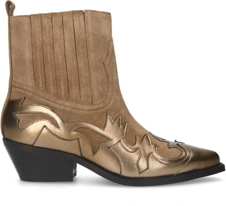 Sacha Dames Beige suède cowboylaarsjes met bronzen details