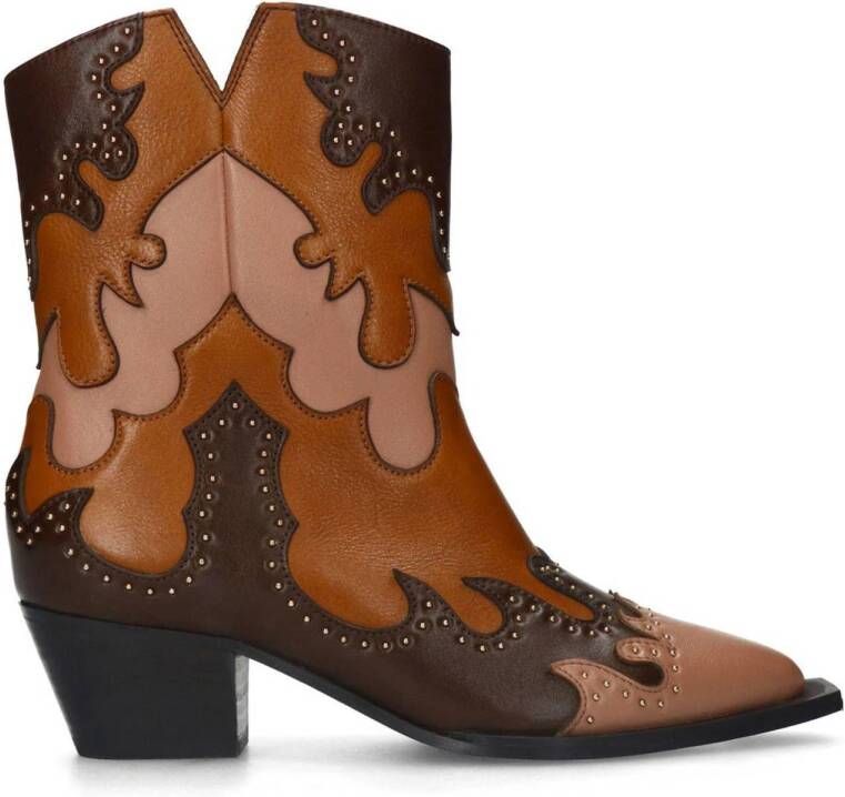 Sacha Dames Cognac leren western enkellaarsjes met sierstiksels