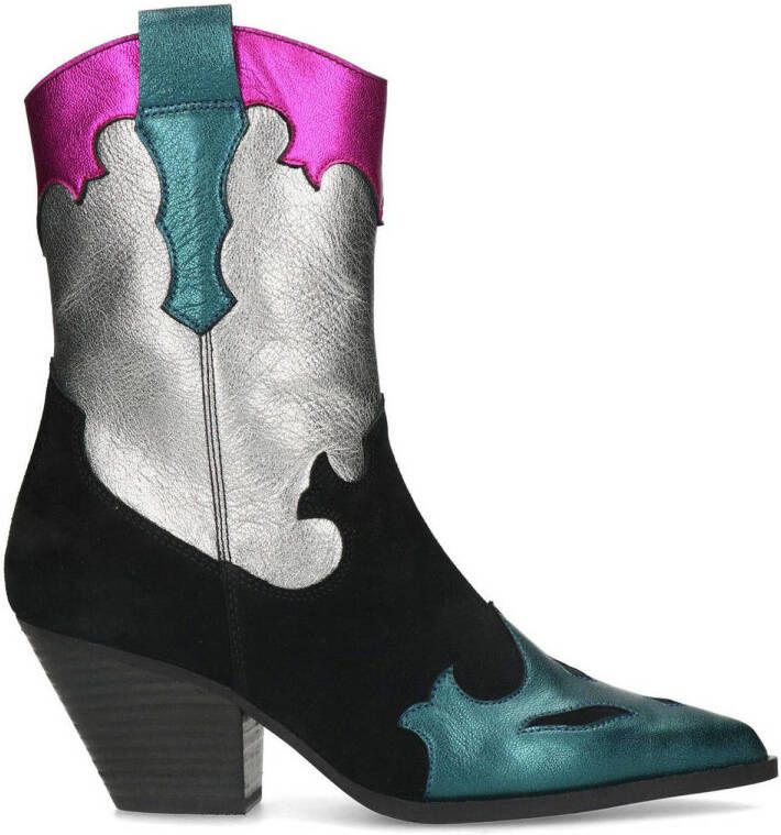 Sacha Dames Zwarte leren cowboylaarzen met kleurrijke metallic details