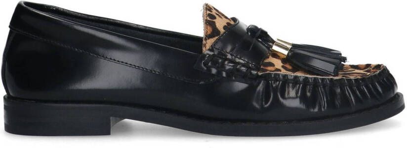 Sacha Dames Zwarte leren loafers met luipaardprint