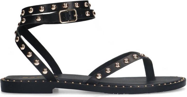 Sacha Dames Zwarte leren platte sandalen met studs