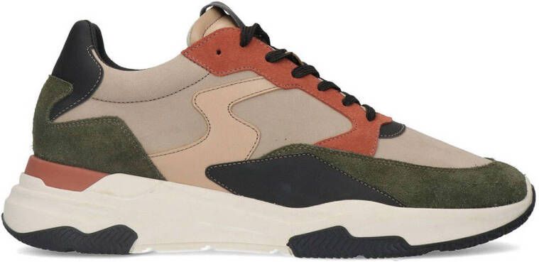 Sacha Heren Beige leren sneakers met groene details