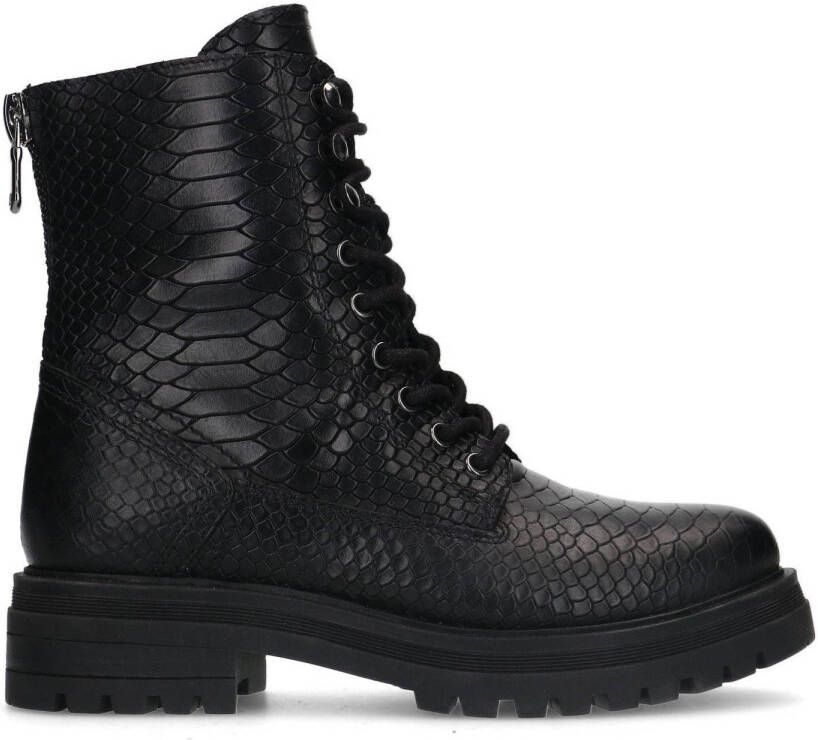 Sacha leren veterboots met crocoprint zwart