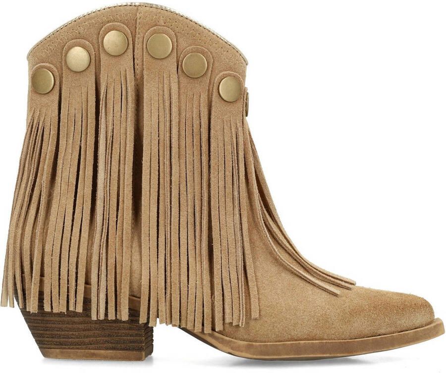 Sacha Dames Beige suède western enkellaarsjes met franjes