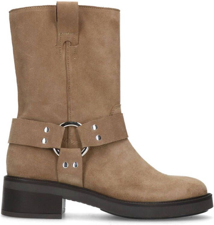 Sacha Dames Taupe biker enkelboots met zilverkleurige buckle