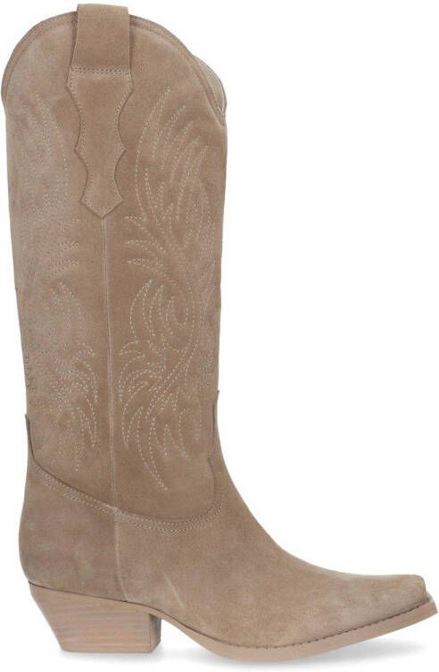 Sacha Dames Beige suède cowboylaarzen met stiksels