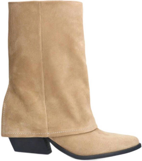 Sacha Dames Beige suède western enkellaarsjes met flap