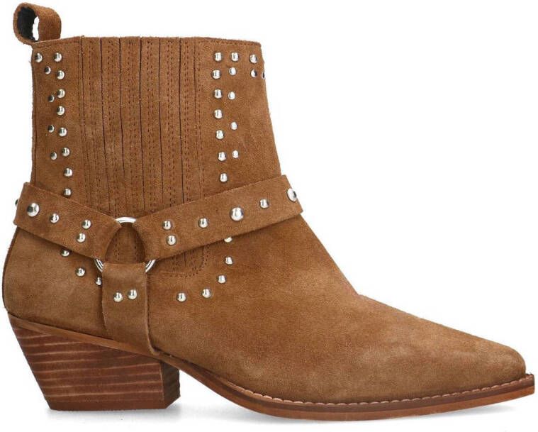 Sacha Dames Cognac suède western enkellaarsjes met studs