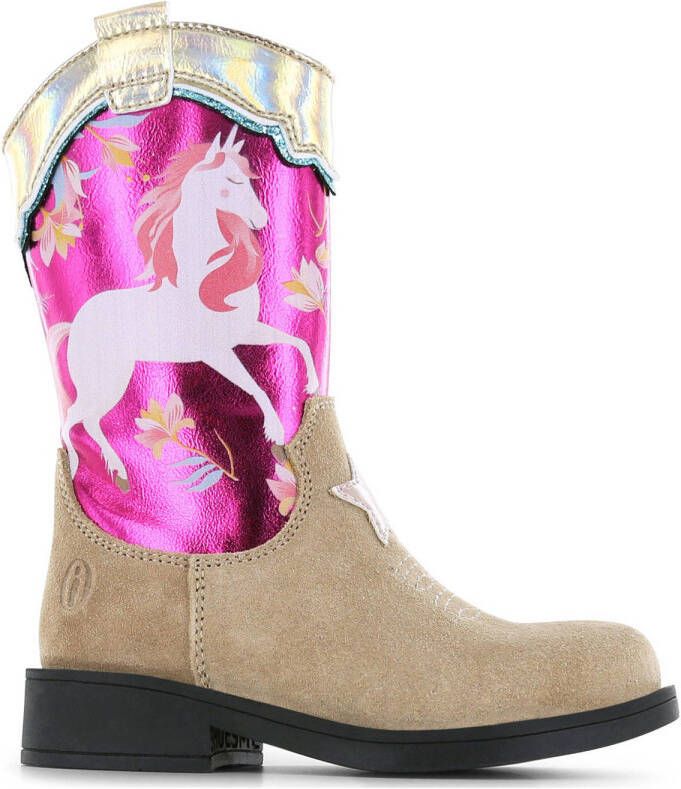 Shoesme suède cowboylaarzen beige fuchsia