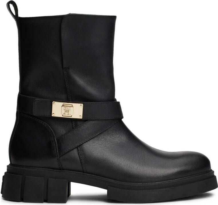 Tommy Hilfiger chunky leren bikerboots zwart