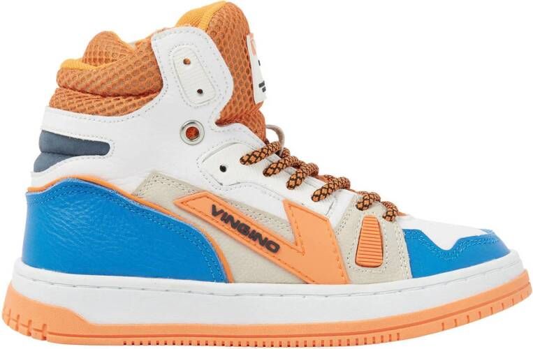 VINGINO Joshua mid leren sneakers blauw oranje Jongens Leer Meerkleurig 28